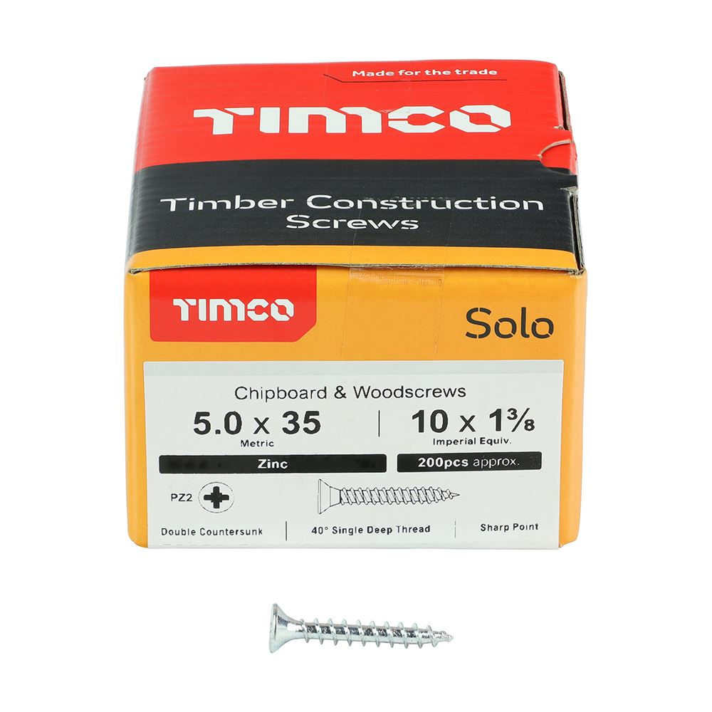 TIMCO Solo Woodscrew PZ2 CSK Zinc 5.0 x 35 Silver Pack 200