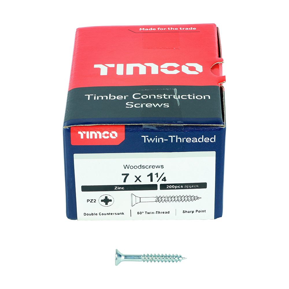 TIMCO Twin Woodscrew PZ2 CSK Zinc 7 x 1 1/4 Silver Pack 200