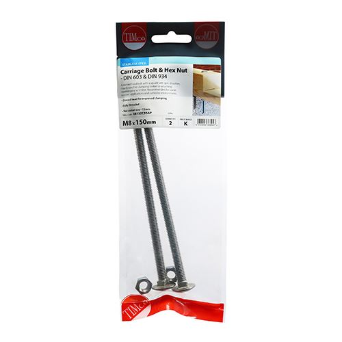 TIMCO Carriage Bolt & Hex Nut -A2 SS M8 x 150 Pack 2