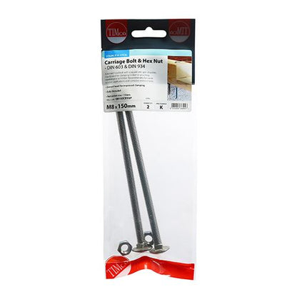 TIMCO Carriage Bolt & Hex Nut -A2 SS M8 x 150 Pack 2
