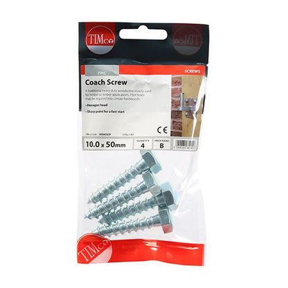 TIMCO Coach Screws Hex Head Silver  - 10.0 x 50 TIMpac OF 4 - 1050CSCP