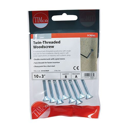 TIMCO Twin Woodscrew PZ2 CSK - BZP 10 x 3 Silver Pack 8