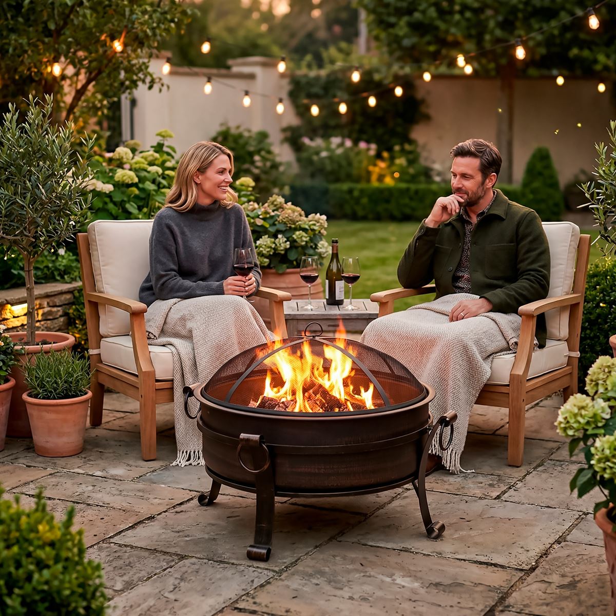 Dellonda DG237 Deluxe 2-in-1 Outdoor Fire Pit/Coffee Table with Drawstring Cover 93cm Antique Bronze Effect | Water Resistant, Drawstring, Safety