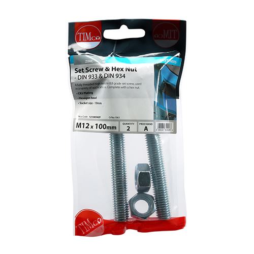 TIMCO Set Screw & Hex Nut - BZP M12 x 100 Silver Pack 2