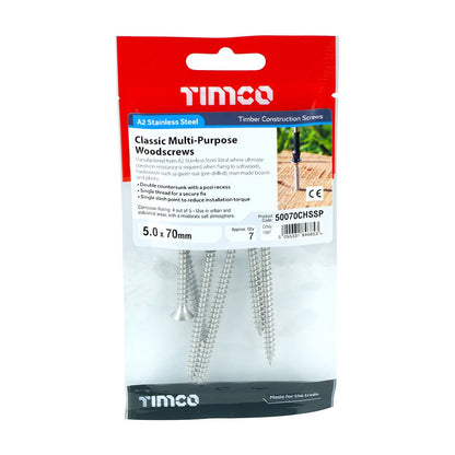 TIMCO Classic Screw PZ2 CSK - A2 S/S 5.0 x 70 Pack 7