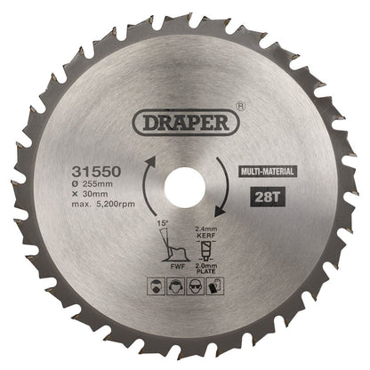 Draper TCT SAW BLADE 255MM 28T MULTI 31550 TCT Multi-Purpose Circular Saw Blade, 255 x 30mm