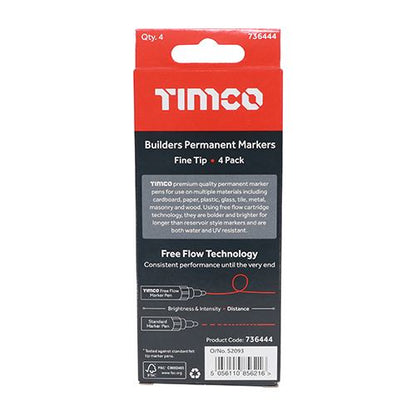 TIMCO Builders Permanent Markers MIX Fine Tip Pack 4