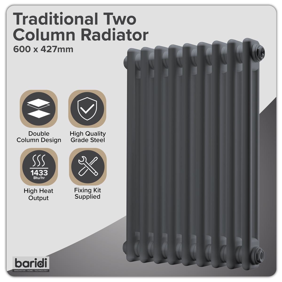 Baridi DH352 Horizontal Radiator Contemporary Double Flat Panel Design 600 x 1190mm - White | Steel | Horizontal flat panel design delivers a BTU