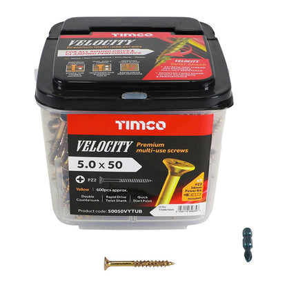 TIMCO Velocity Screw PZ2 CSK ZYP 5.0 x 50 Gold Pack 600