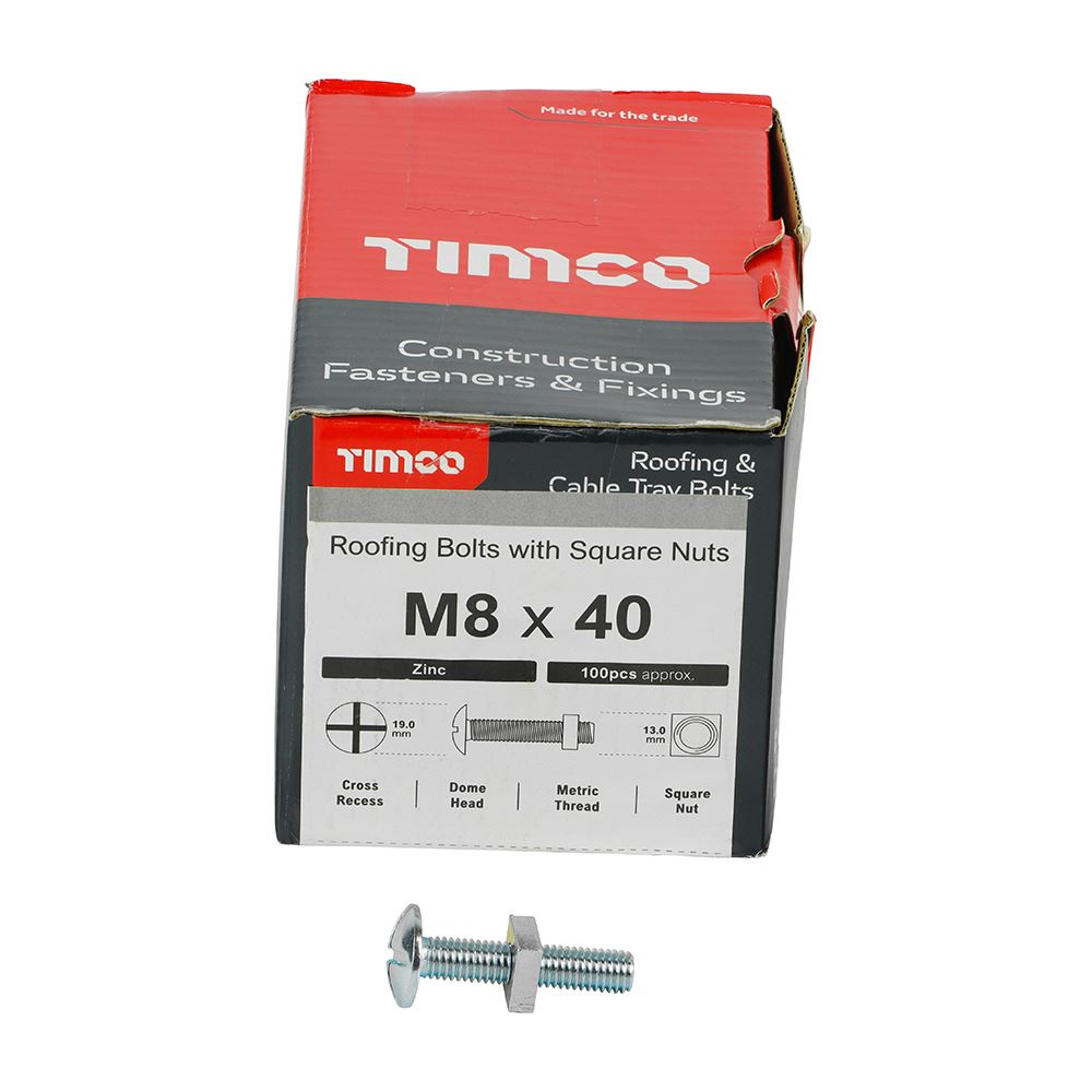 TIMCO Roofing Bolt & SQ Nut Zinc M8 x 40 Silver Pack 100