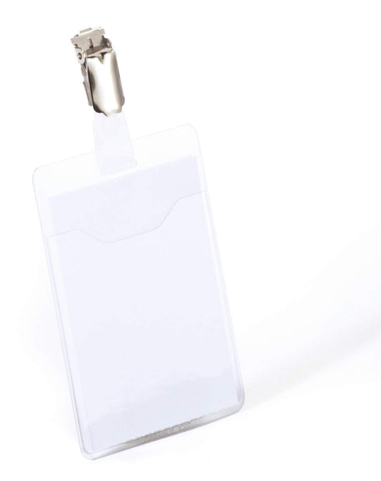 Durable Clip Name Tag ID Badge Holders + Cards | 25 Pack | Vertical 90 x 60mm