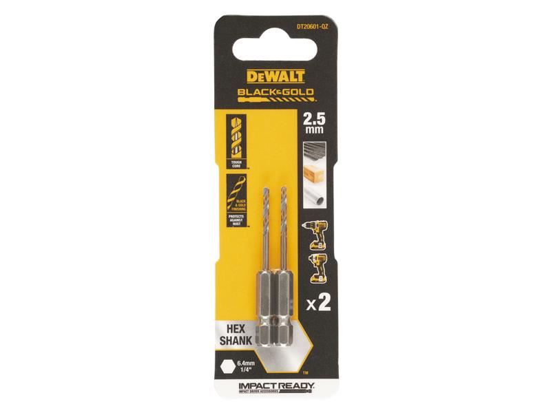DeWalt BLACK&GOLD Hex HSS-G Drill Bits (2) 2.5mm