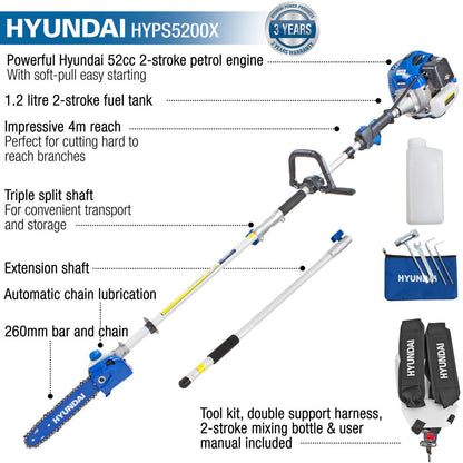 Hyundai HYPS5200X Petrol Pole Saw 52cc Long Reach Pruner Pole Pruner Long Reach Chainsaw