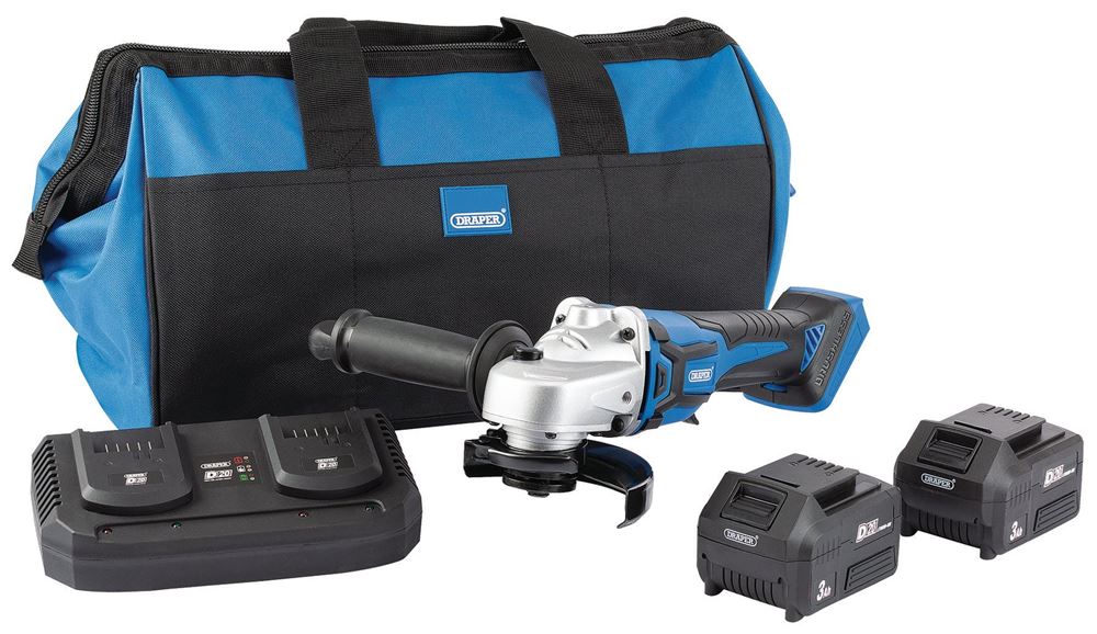 DRAPER 99734 - D20 20V 115mm Brushless Grinder Kit (2x 3Ah Batteries, Twin Charger and Bag)