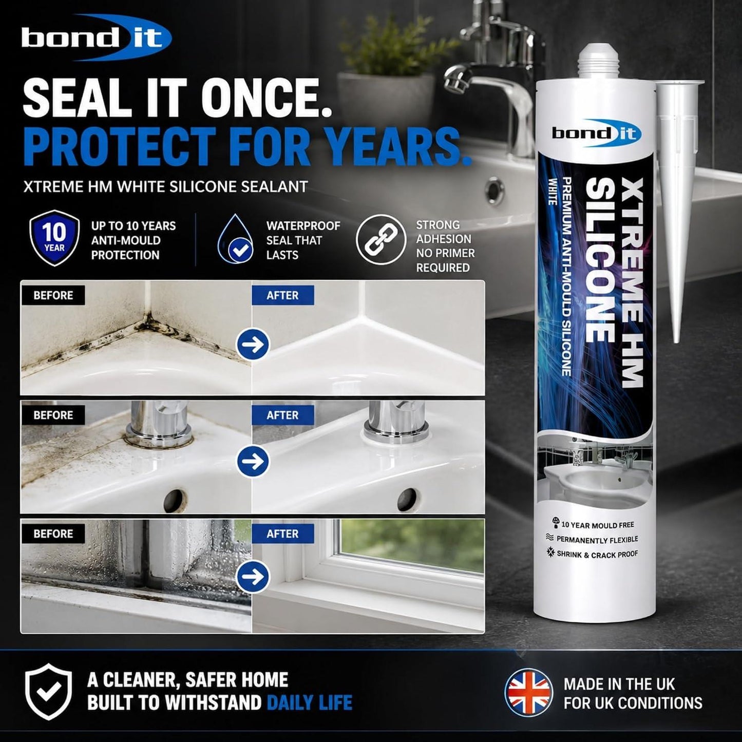 Bond It Extreme Sanitary Sealant – Anti Mould Bathroom & Kitchen Sealant, White Clear Grey