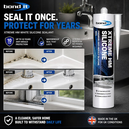 Bond It Extreme Sanitary Sealant – Anti Mould Bathroom & Kitchen Sealant, White Clear Grey