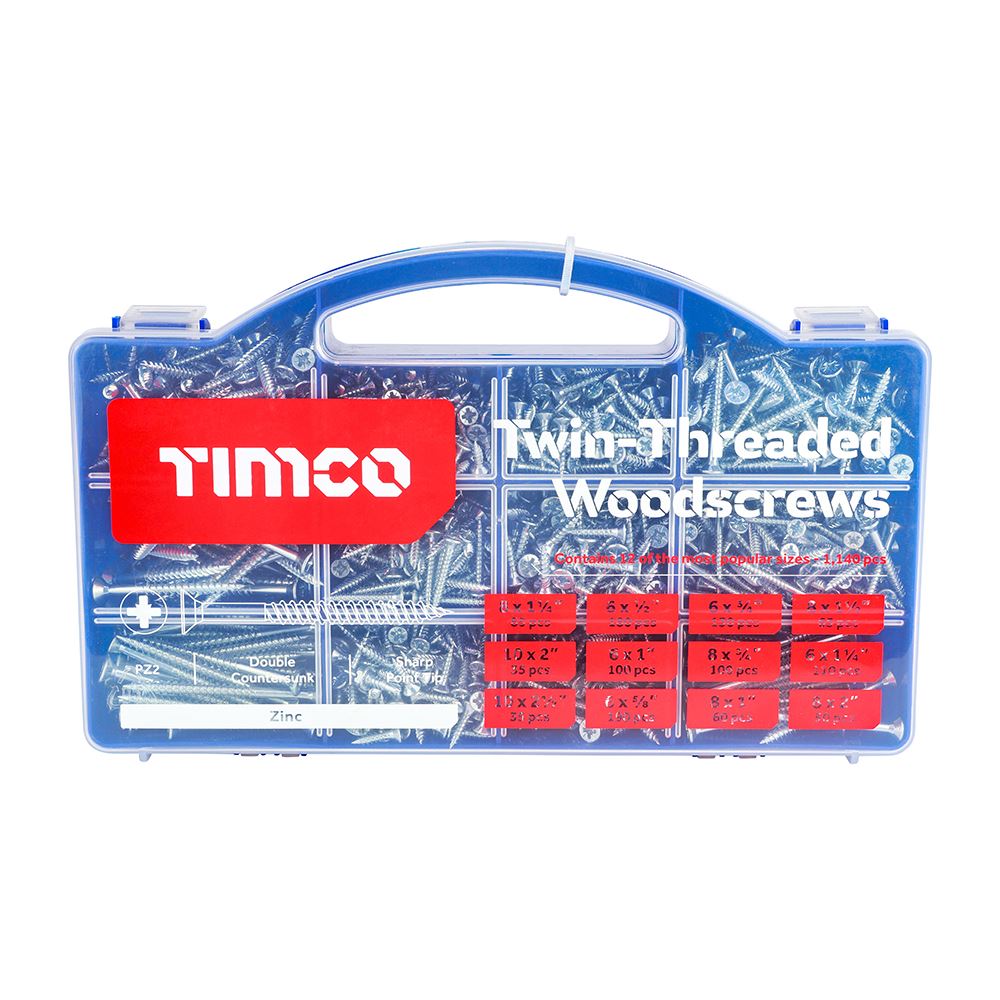 TIMCO Twin Woodscrew Mixed Tray Zinc 1,140pcs Silver Pack 1