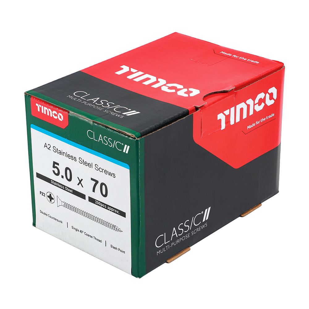 TIMCO Classic Screw PZ2 CSK A2 SS 5.0 x 70 Pack 200