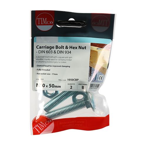 TIMCO Carriage Bolt & Hex Nut - BZP M10 x 50 Silver Pack 2