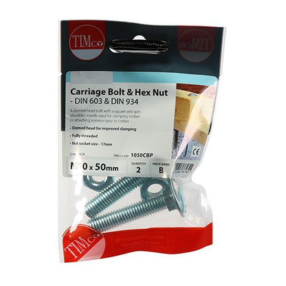 TIMCO Carriage Bolt & Hex Nut - BZP M10 x 50 Silver Pack 2