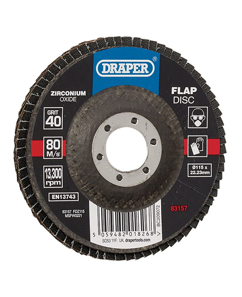 Draper 115MM FLAP DISC 40G ZR 83157 Zirconium Oxide Flap Discs, 115 x 22.23mm