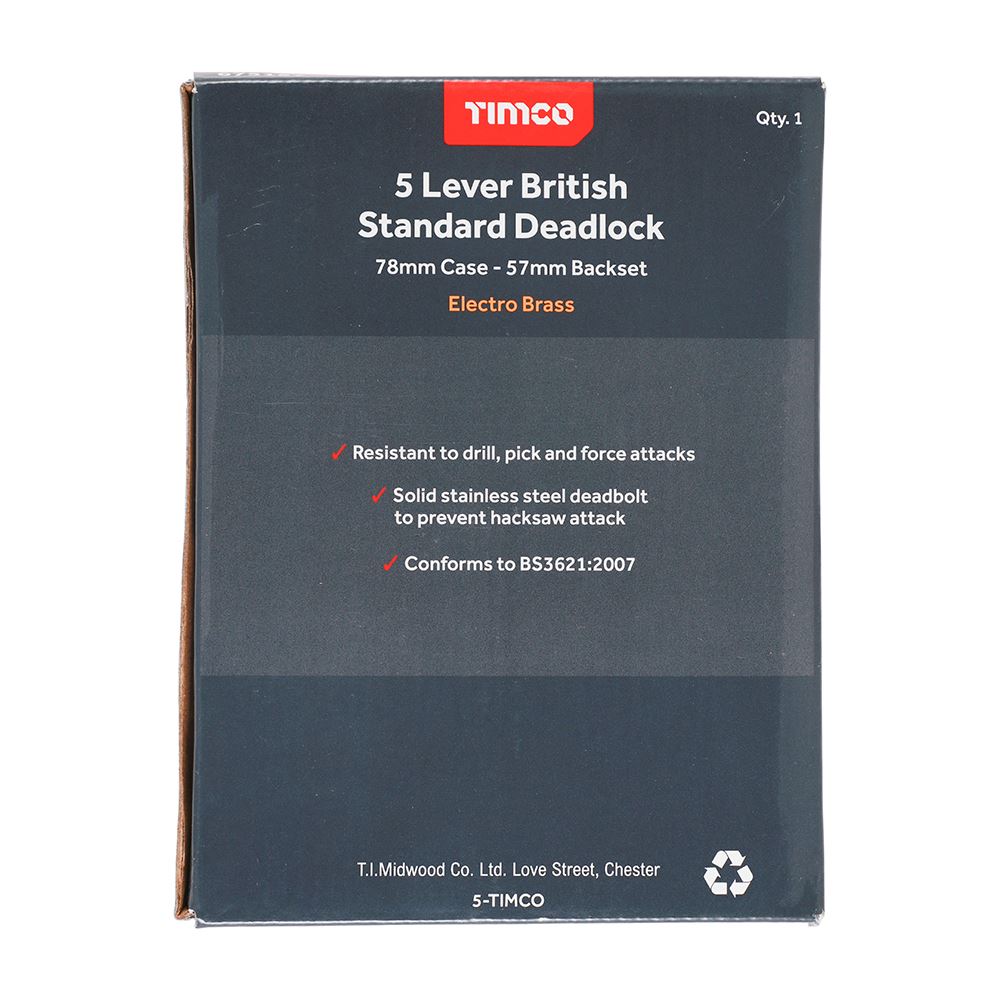 TIMCO 5 Lever BS Deadlock E. Brass 78mm Pack 1