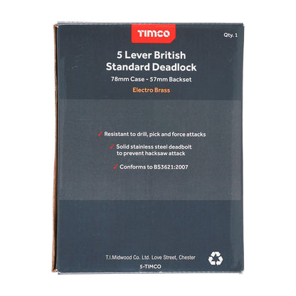 TIMCO 5 Lever BS Deadlock E. Brass 78mm Pack 1
