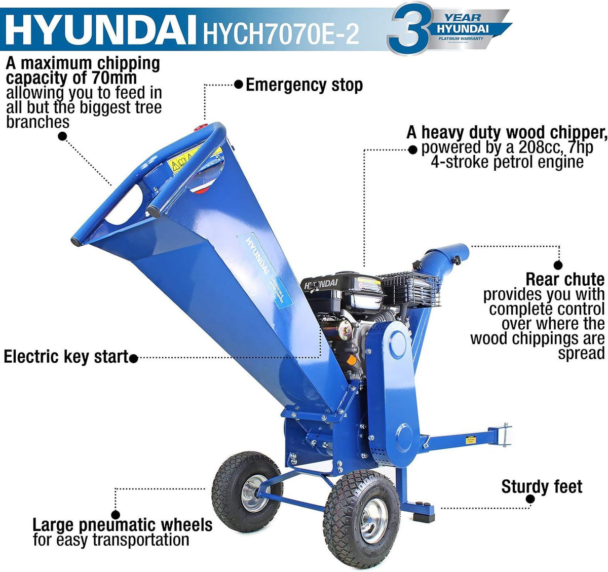Hyundai HYCH7070E-2 Petrol Wood Chipper 212cc 7hp 70mm Capacity Electric Start Garden Shredder Mulcher Garden Shredder Mulcher
