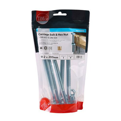 TIMCO Carriage Bolt & Hex Nut - BZP M12 x 200 Silver Pack 5