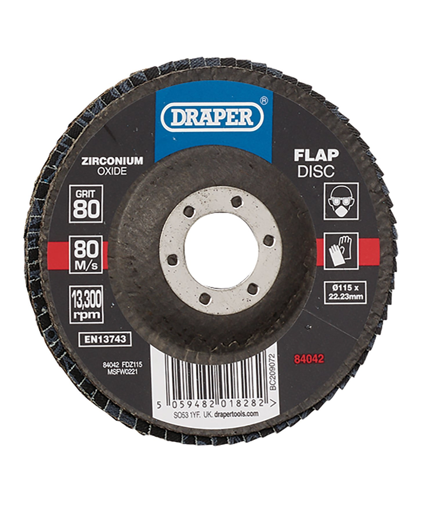 Draper 115MM FLAP DISC 80G ZR 84042 Zirconium Oxide Flap Discs, 115 x 22.23mm