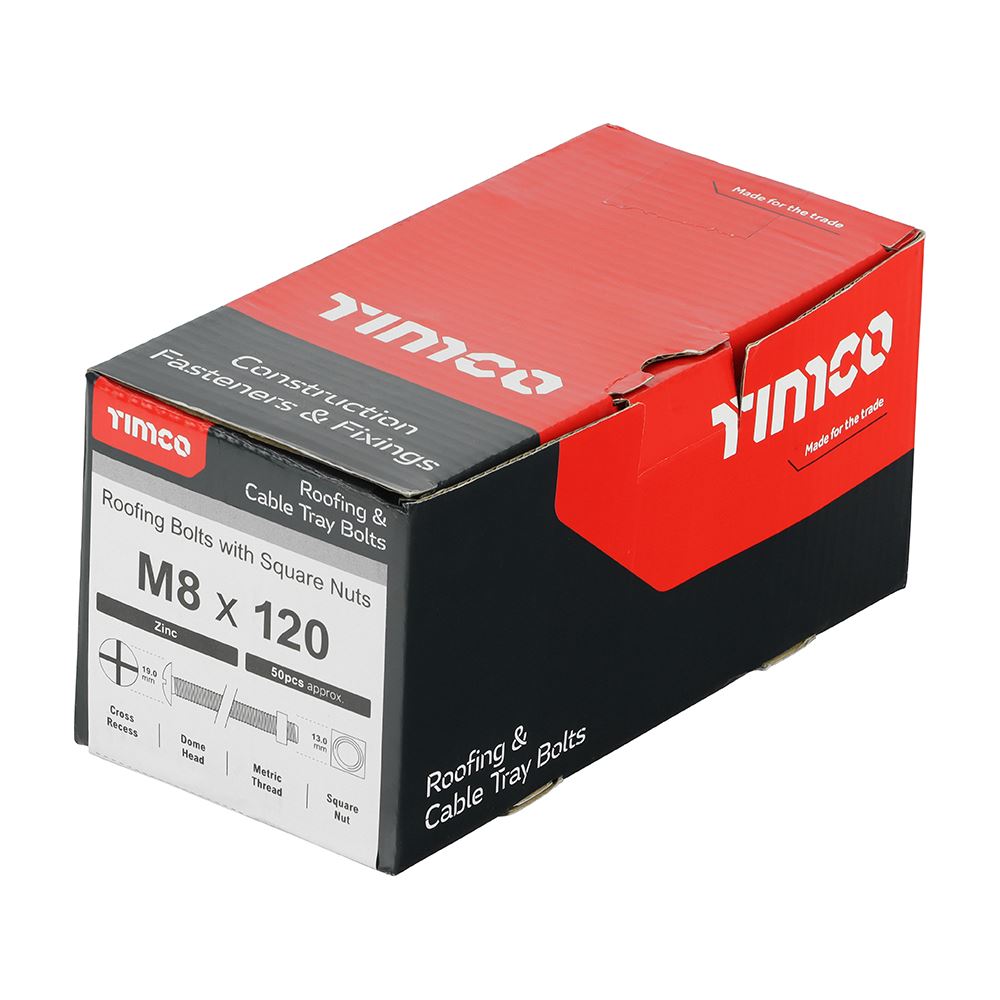TIMCO Roofing Bolt & SQ Nut Zinc M8 x 120 Silver Pack 50