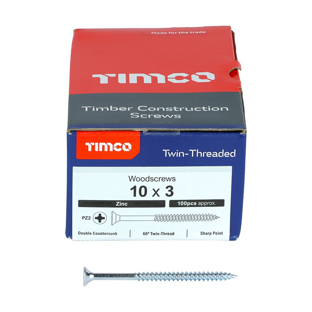 TIMCO Twin Woodscrew PZ2 CSK Zinc 10 x 3 Silver Pack 100
