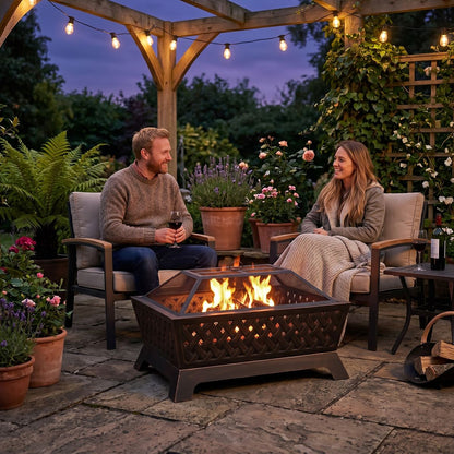 Dellonda DG44 89cm Rectangular Outdoor Fire Pit, Antique Bronze Effect | Safety Screen | Contemporary style rectangular fire pit is perfect for