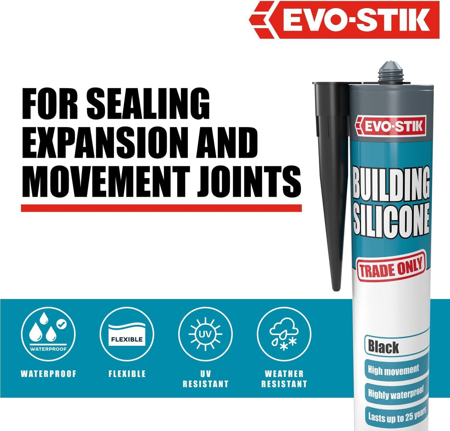 EVO-STIK Building Silicone Sealant Black 290ml Waterproof Adhesive