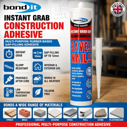 Bond It Saves Nails Solvent Free Grab Adhesive – High Strength Gap Filling Construction Adhesive for Wood, Brick, Concrete and Plasterboard