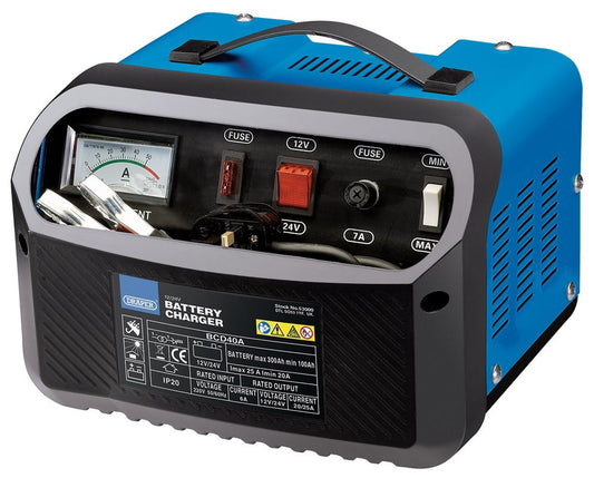 53000 Draper 12/24V Battery Charger, 20 - 25A BCD40A Battery Chargers 270 x 240 x 205mm Professional Trade DIY Workshop Garage Use