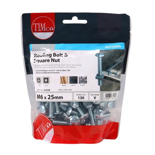 TIMCO Roofing Bolt & SQ Nut - BZP M6 x 25 Silver Pack 130