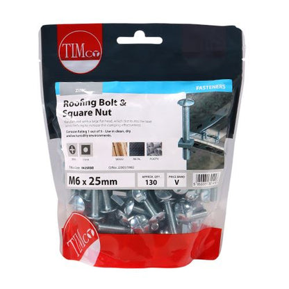 TIMCO Roofing Bolt & SQ Nut - BZP M6 x 25 Silver Pack 130
