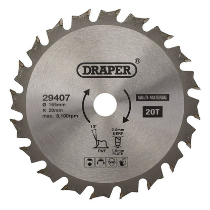 Draper TCT SAW BLADE 165MM 20T MULTI 29407 TCT Multi-Purpose Circular Saw Blade, 165 x 20mm
