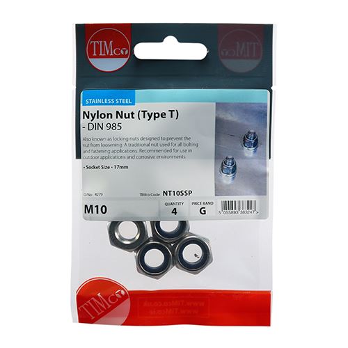 TIMCO T Nylon Nut DIN 985 - A2 SS M10 Pack 4