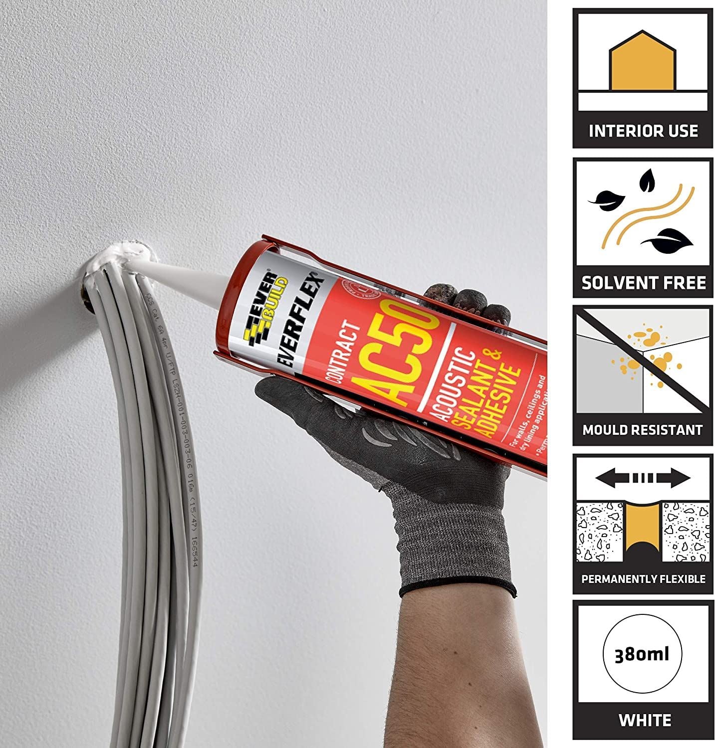 Everbuild AC50 Acoustic Sealant White 310ml Pack of 1 Flexible Paintable Acrylic