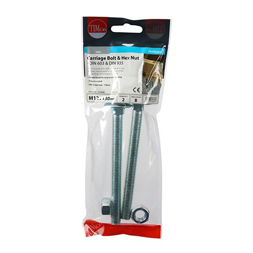 TIMCO Carriage Bolt & Hex Nut - BZP M12 x 130 Silver Pack 2