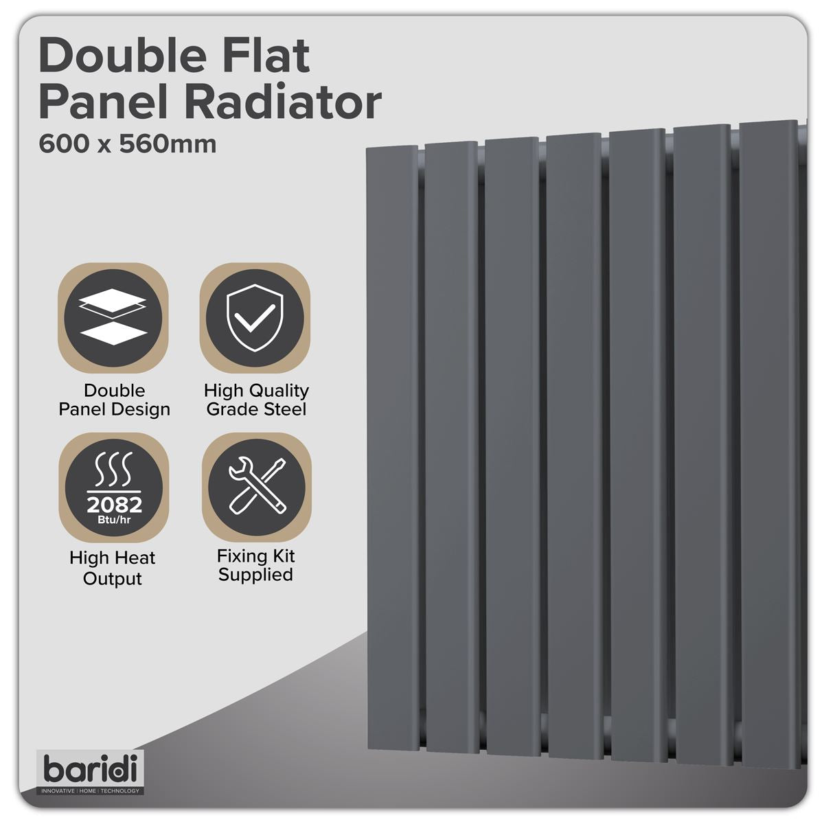 Baridi DH339 Horizontal Radiator Contemporary Double Flat Panel Design 600 x 560mm - Anthracite | Steel | Horizontal flat panel design delivers a BTU