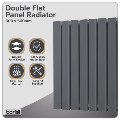 Baridi DH339 Horizontal Radiator Contemporary Double Flat Panel Design 600 x 560mm - Anthracite | Steel | Horizontal flat panel design delivers a BTU
