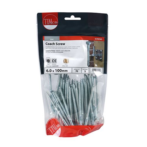 TIMCO Coach Screws Hex Head Silver  - 6.0 x 100 TIMbag OF 70 - 06100CSCB