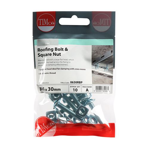 TIMCO Roofing Bolt & SQ Nut - BZP M6 x 30 Silver Pack 10