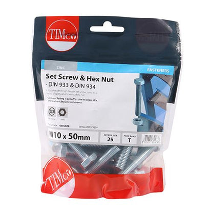 TIMCO Set Screw & Hex Nut - BZP M10 x 50 Silver Pack 25