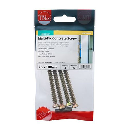 TIMCO Multi-Fix Concrete Screw - ZYP 7.5 x 100 Gold Pack 4