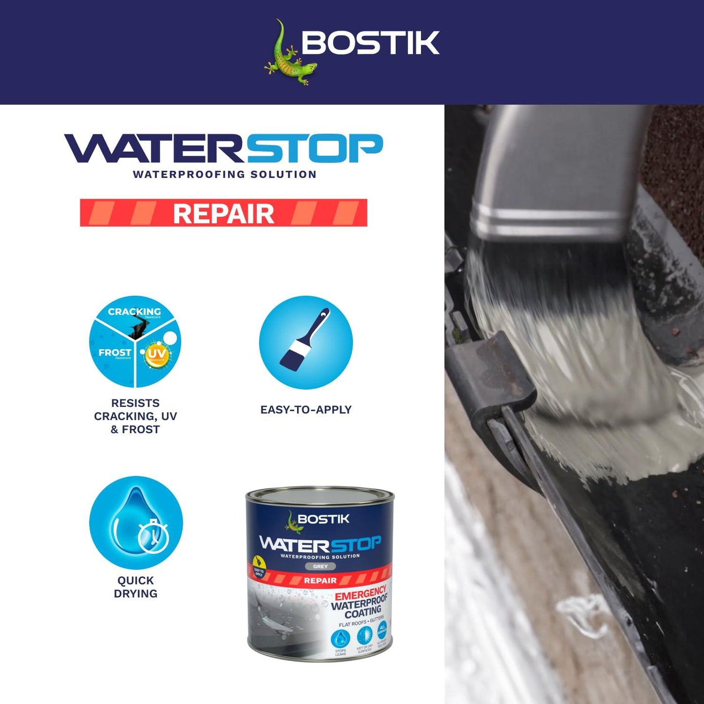 Bostik Waterstop Emergency Coat, Quick Drying, Instant Sealing Coating, For Roofs And Gutters, 1kg, Grey