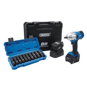 Draper D20 IMPACT & SOCKET COMBO 04791 D20 20V Brushless Mid-Torque Impact Wrench Kit, 1/2" Sq. Dr. & Metric Deep Impact Socket Set (10 Piece)